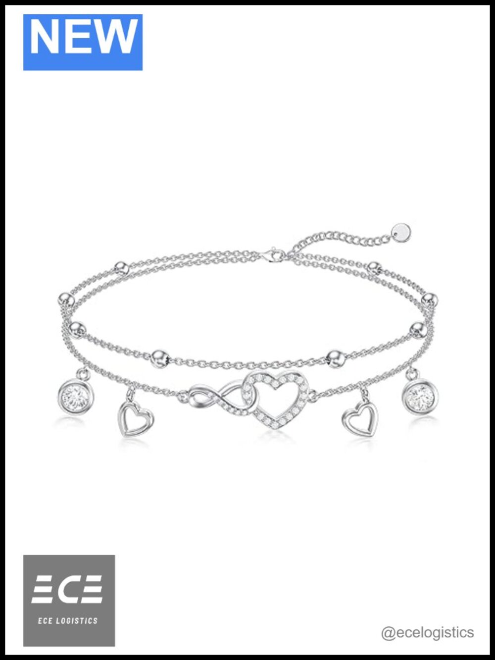 925 Sterling Silver 18k White Gold Plated Layered Anklet Adjustable